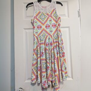 wonder nation White Multicolor Geometric Lace Yoke Skater Dress Girls Size 14-16